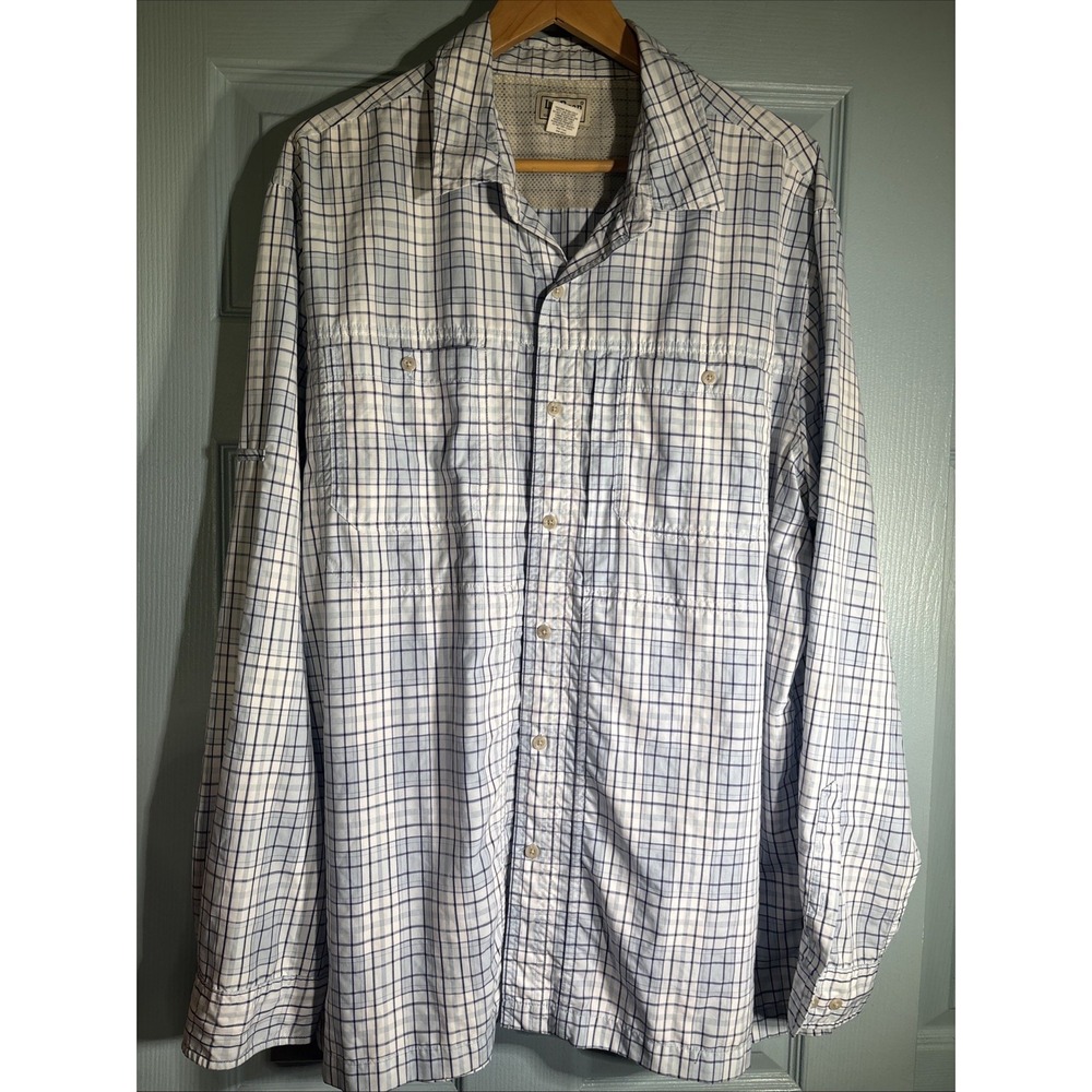 LL‎ Bean Mens XL Blue Check Nylon Long Sleeve Outdoor Shirt. Fishing, Hiking.